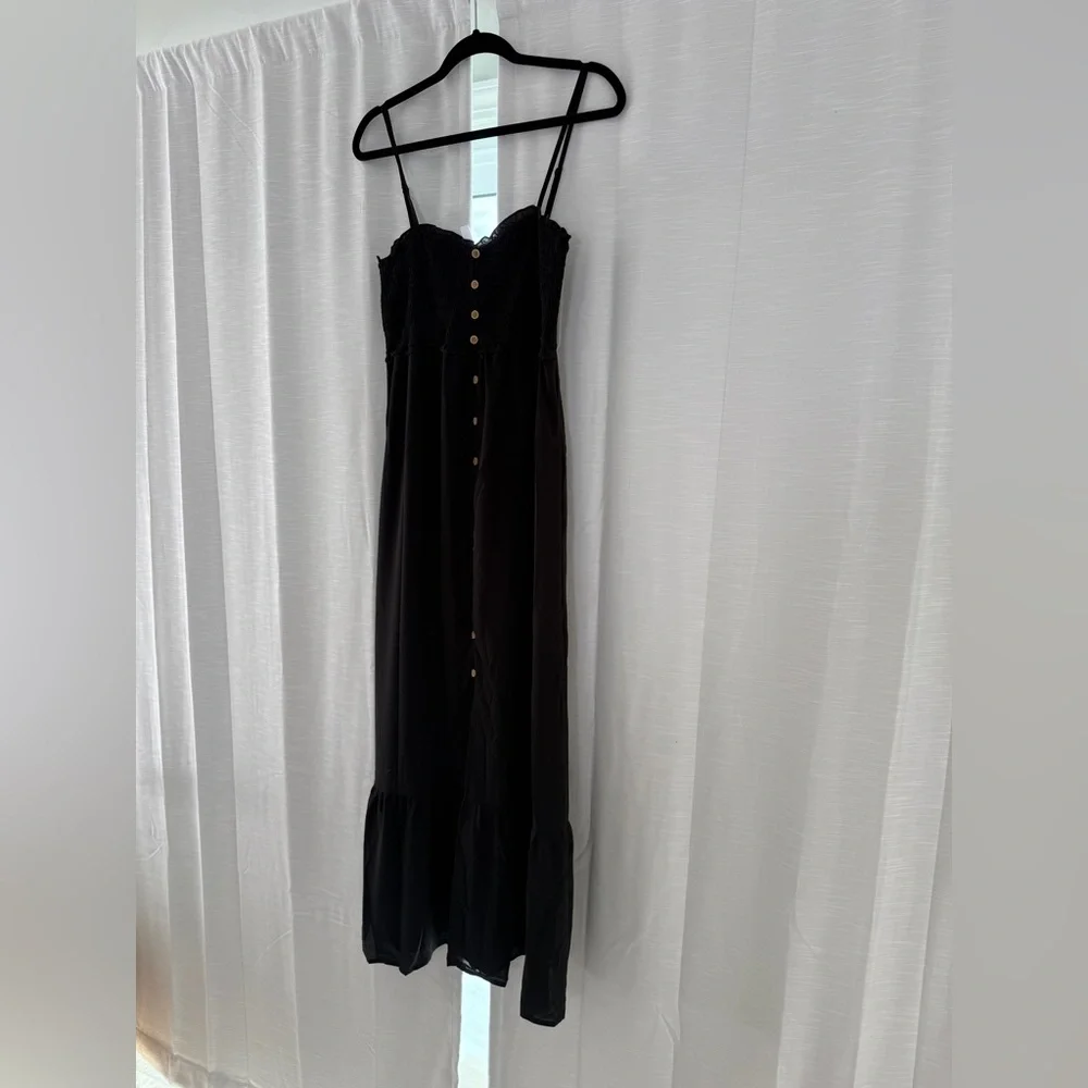 Black Smocked Maxi Dress | Button Front Sundress with Pockets Size M - Picture 6 of 11